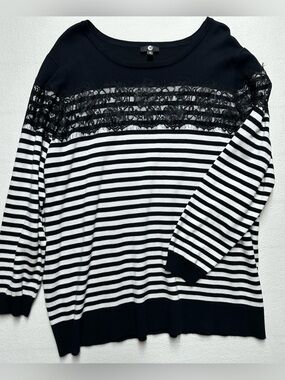 A&I Women’s 3X Black White Striped Lace Knit Sweater Plus Size 3XL